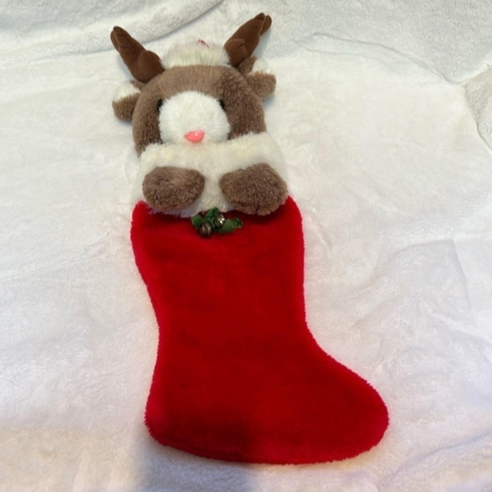 Vintage Fluffy Reindeer Christmas Stocking Joelson Industries 1988
